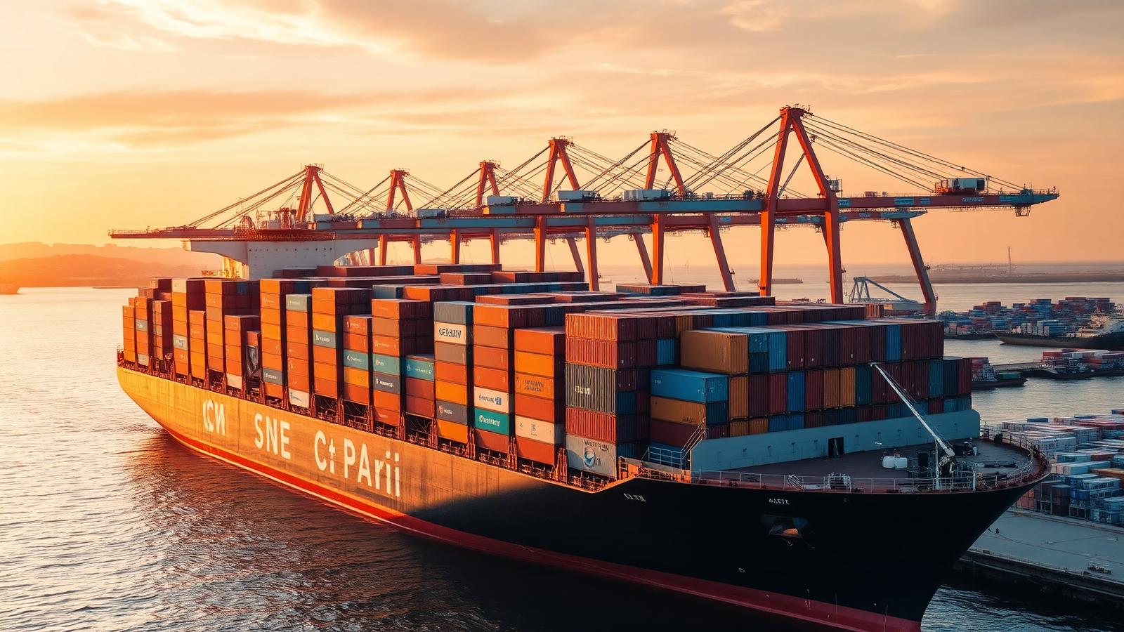 Container ship loaded with export cargo at an international port