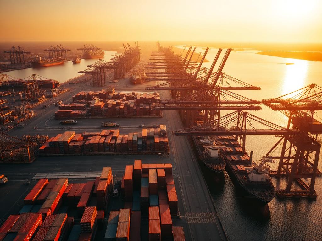 International container shipping port at sunset