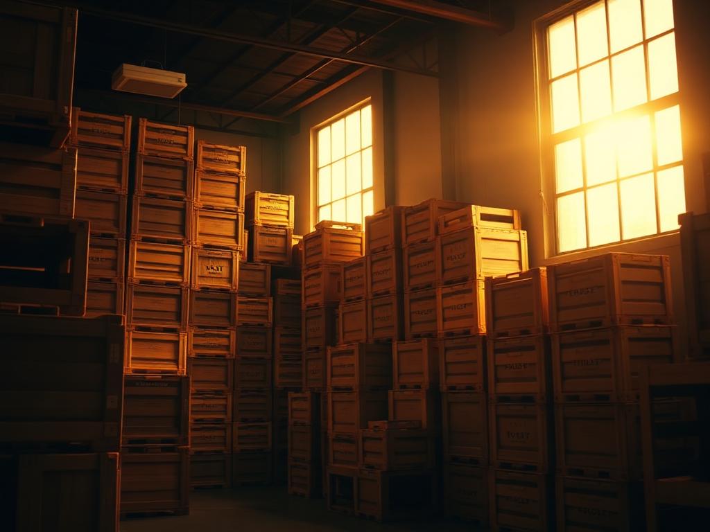 Wooden export crates stacked inside a warehouse